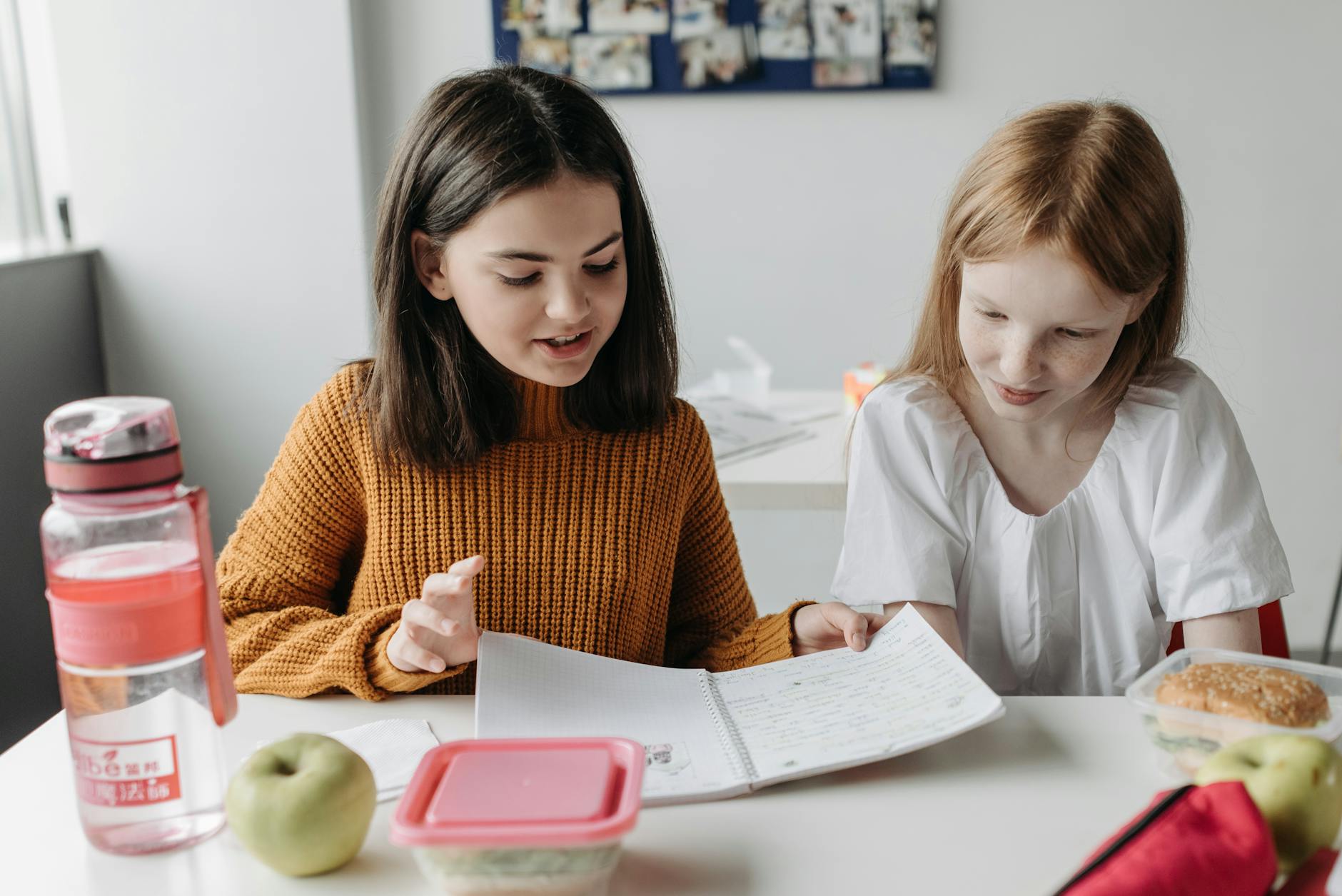 girls looking at a notebook